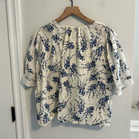 THE GREAT. White Blue Cotton Floral Lace Short Sleeve Victorian Top Blouse 3 L - Picture 5 of 12